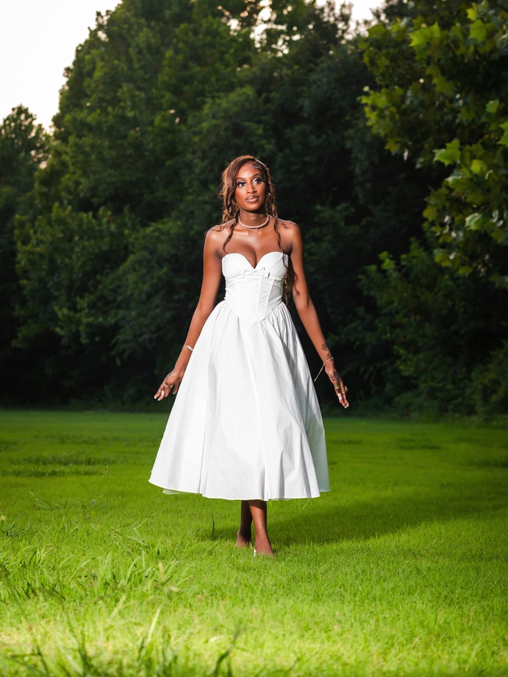 Strapless White Midi Dress with Corset Bodice